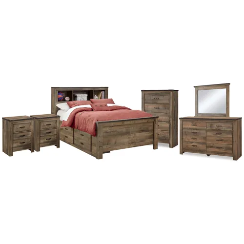 Trinell Full Bookcase Storage Bed, Dresser, Mirror, Chest and 2 Nightstands