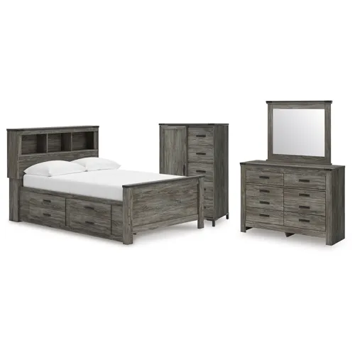 Frandern Full Bookcase Panel Bed with Storage, Dresser, Mirror and Chest