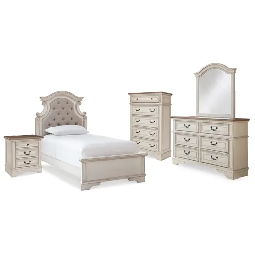 Realyn Twin Panel Bed, Dresser, Mirror, Chest and Nightstand