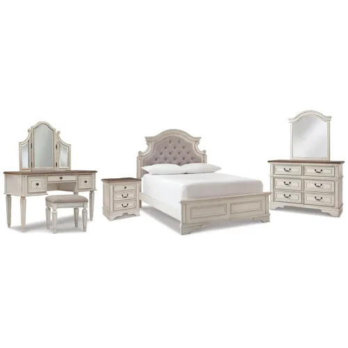 Realyn Full Panel Bed, Dresser, Mirror, 3-Piece Vanity and Nightstand