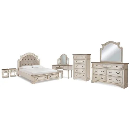 Realyn King Storage Bed, Dresser, Mirror, Chest, Vanity with Stool and 2 Nightstands
