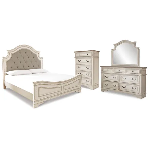Realyn King Panel Upholstered Bed, Dresser, Mirror and Chest