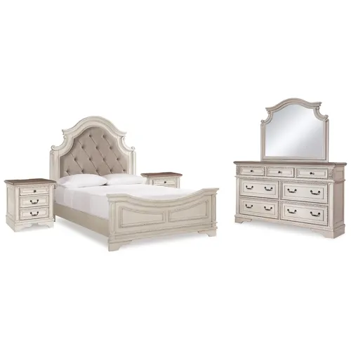 Realyn Queen Upholstered Panel Bed, Dresser, Mirror and 2 Nightstands