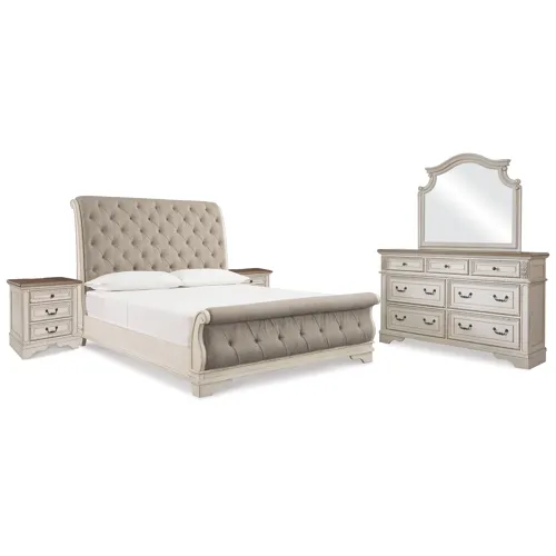 Realyn King Upholstered Sleigh Bed, Dresser, Mirror and 2 Nightstands