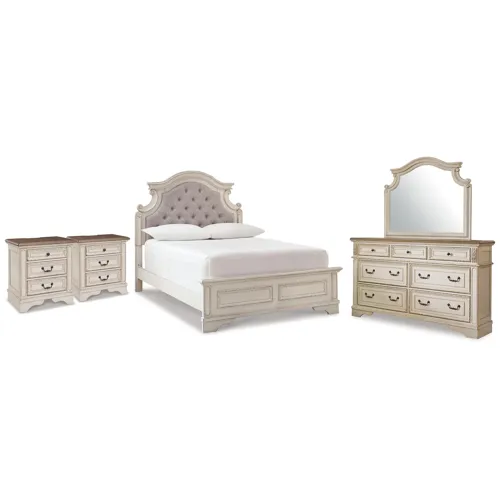 Realyn Full Upholstered Panel Bed, Dresser, Mirror and 2 Nightstands