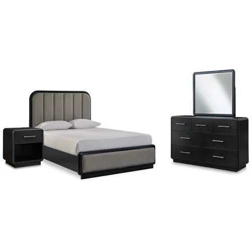 Rowanbeck Queen Upholstered Panel Bed, Dresser, Mirror and Nightstand