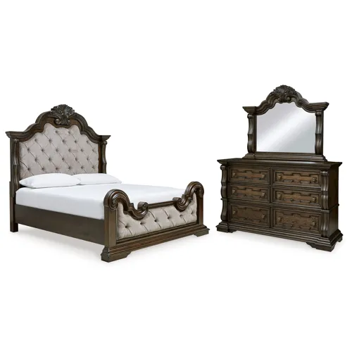 Maylee King Upholstered Bed, Dresser and Mirror