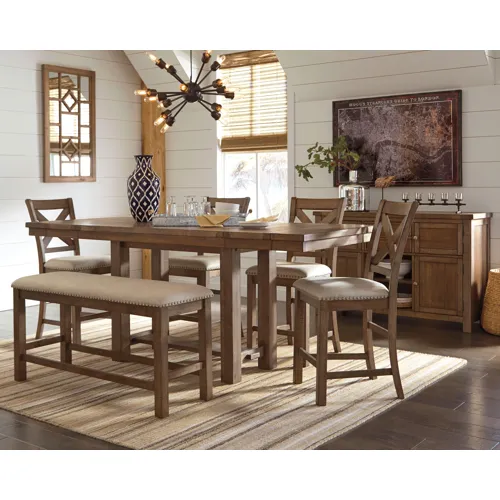 Moriville Counter Height Dining Table with 4 Barstools, Bench, and Server