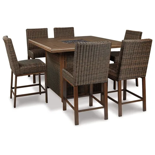 Paradise Trail Outdoor Bar Fire Pit Table with 6 Barstools