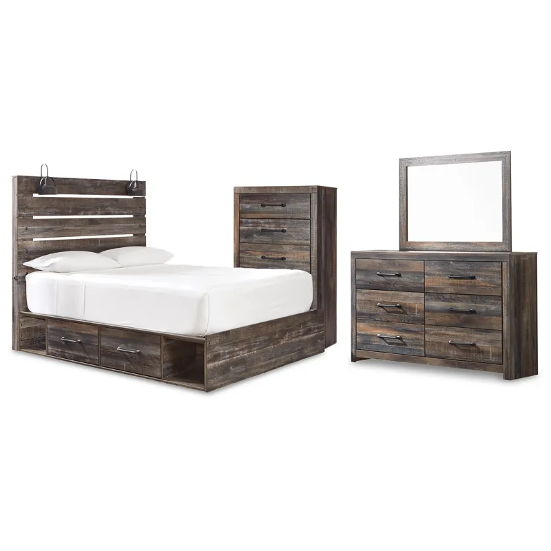 Drystan Queen Panel Bed with Storage, Dresser, Mirror and Chest