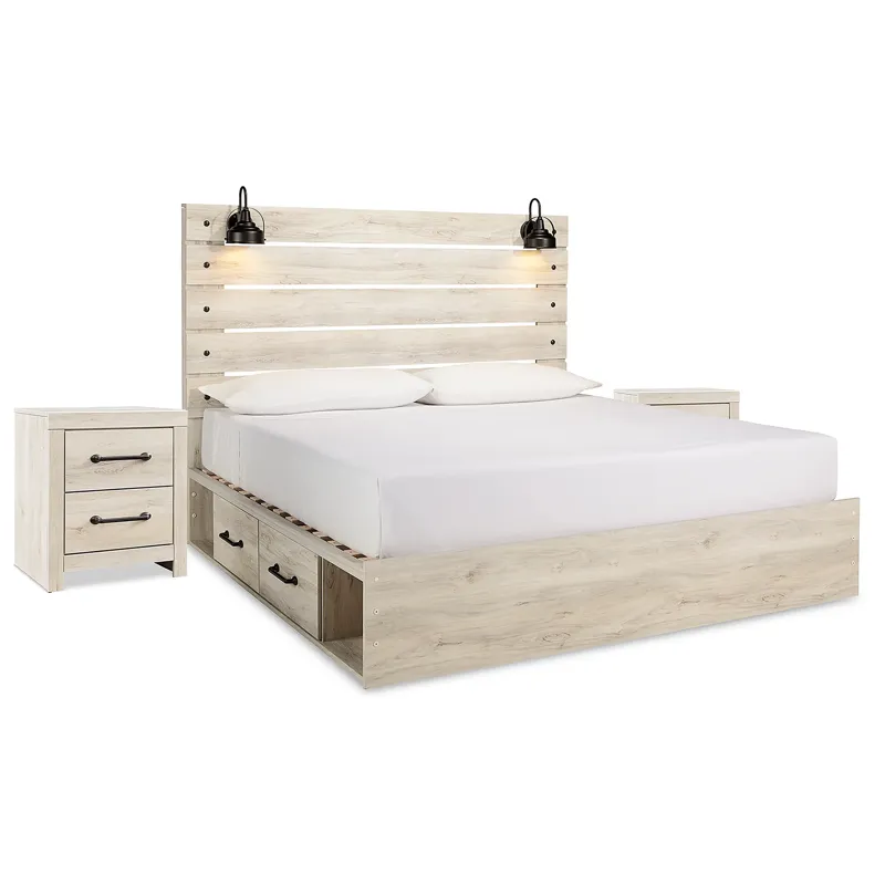 Cambeck King Panel Bed with Storage and 2 Nightstands