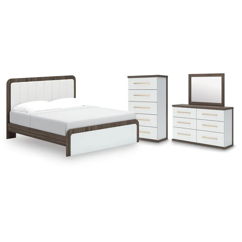 Kendanport King Upholstered Bed, Dresser, Mirror and Chest