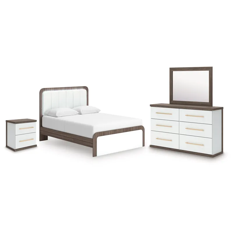 Kendanport Queen Upholstered Bed, Dresser, Mirror and Nightstand