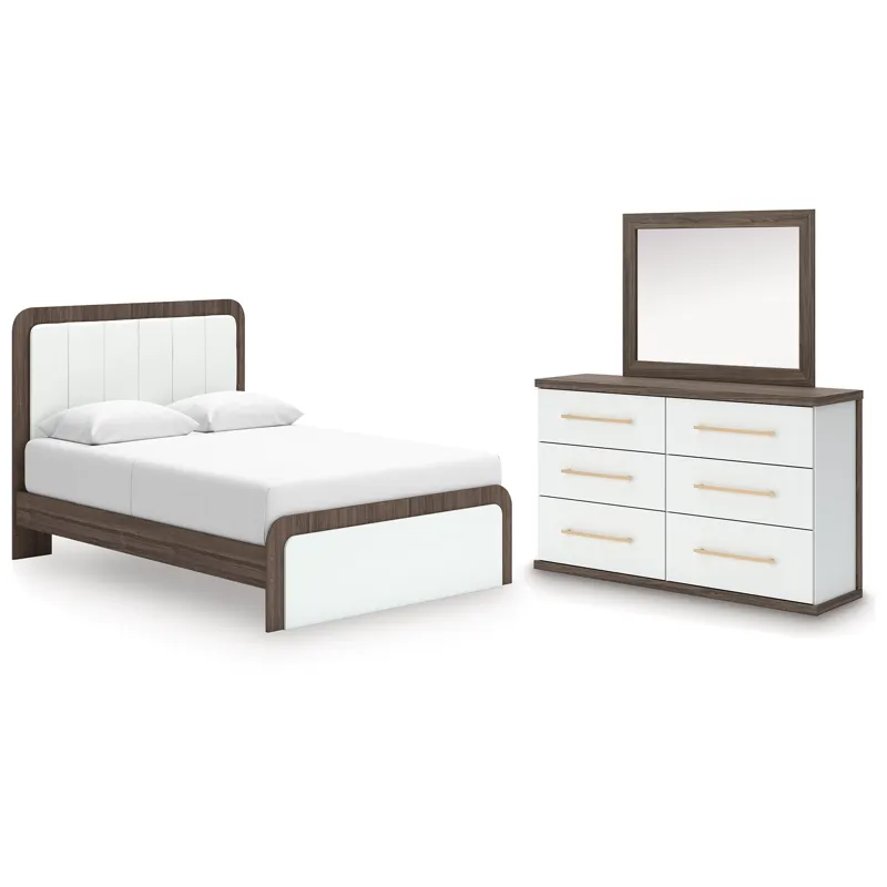 Kendanport Queen Upholstered Platform Bed, Dresser and Mirror