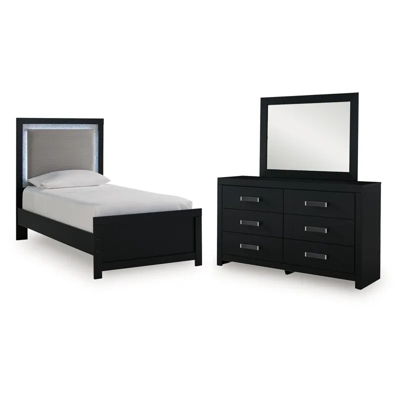 Maeling Twin Upholstered Panel Bed, Dresser and Mirror