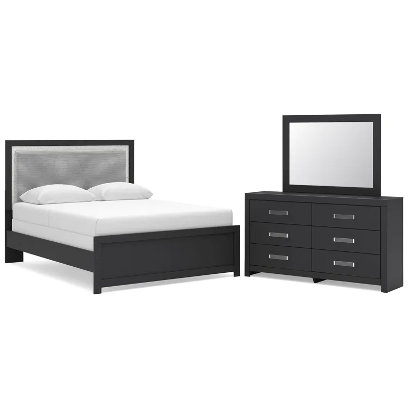 Maeling Queen Upholstered Panel Bed, Dresser and Mirror