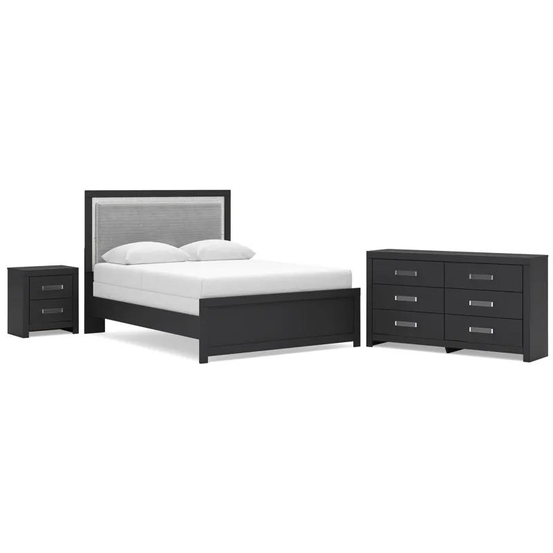 Maeling Queen Upholstered Panel Bed, Dresser and Nightstand