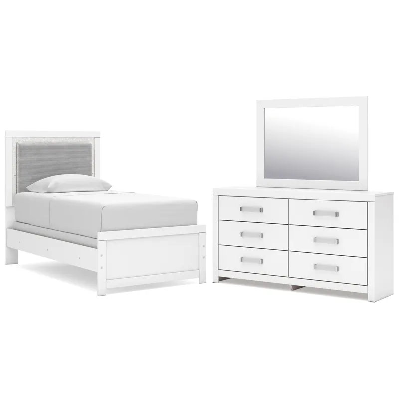 Maeling Twin Upholstered Panel Bed, Dresser and Mirror