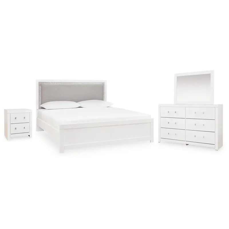 Maeling Queen Upholstered Panel Bed, Dresser, Mirror and Nightstand