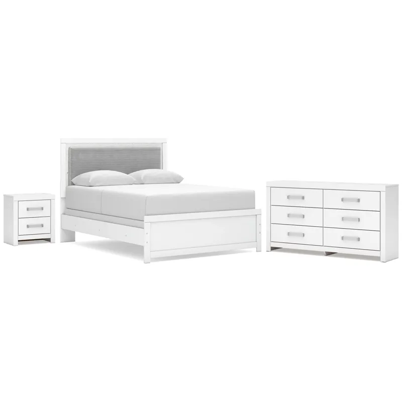 Maeling Queen Upholstered Panel Bed, Dresser and Nightstand
