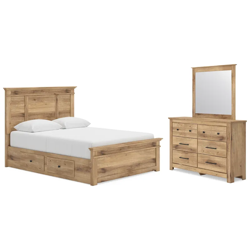 Makidern Queen Panel Bed with Storage, Dresser and Mirror