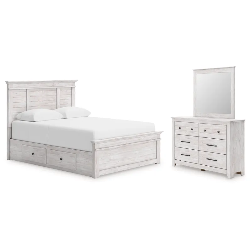 Fenderport Queen Panel Bed with Storage, Dresser and Mirror