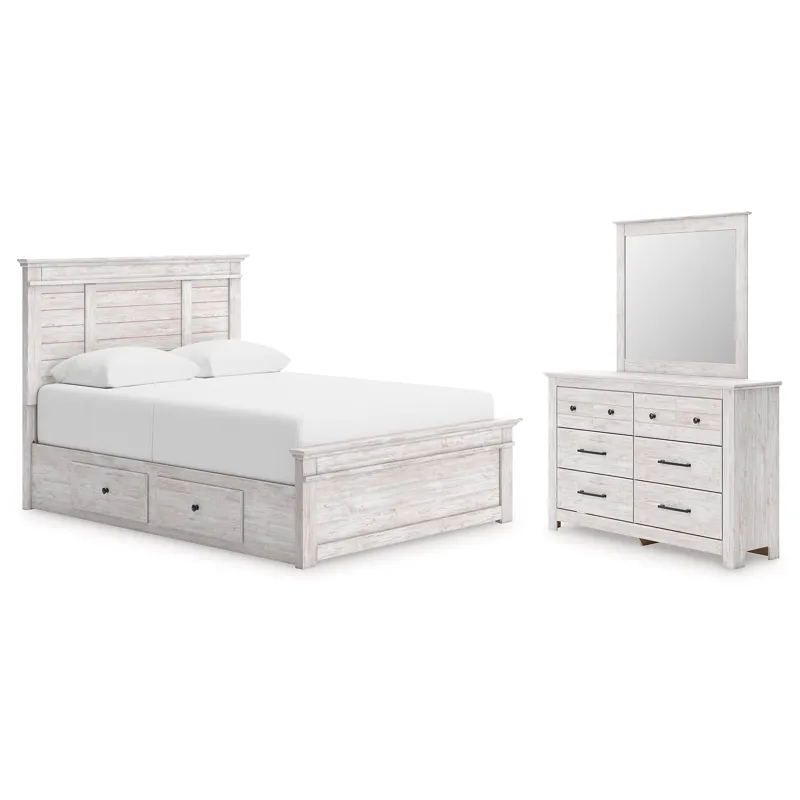 Fenderport Queen Panel Bed with Storage, Dresser and Mirror