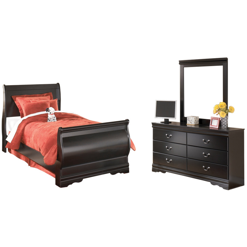 Huey Vineyard Twin Sleigh Bed with Mirroed Dresser and Nightstand