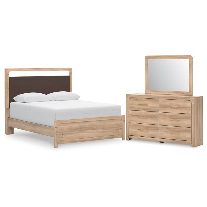 Kinlanni Queen Upholstered Panel Bed, Dresser and Mirror