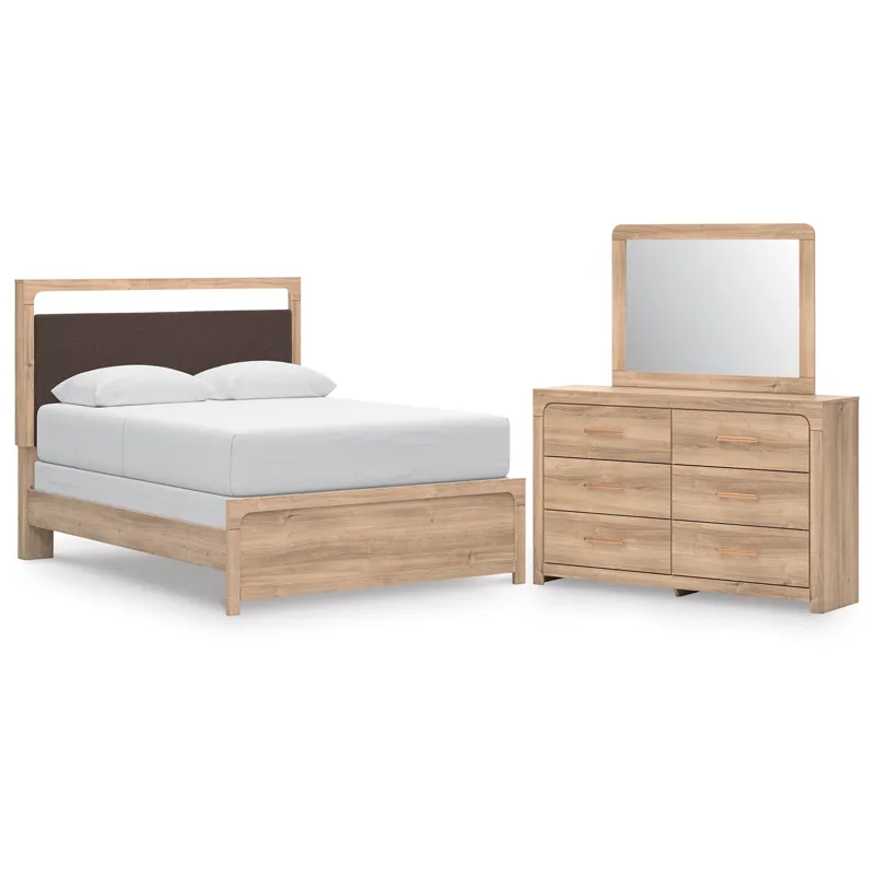 Kinlanni Queen Upholstered Panel Bed, Dresser and Mirror