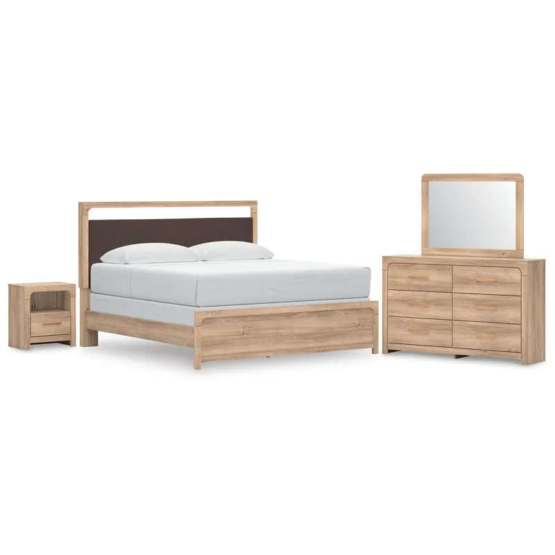 Kinlanni King Upholstered Panel Bed, Dresser, Mirror and Nightstand