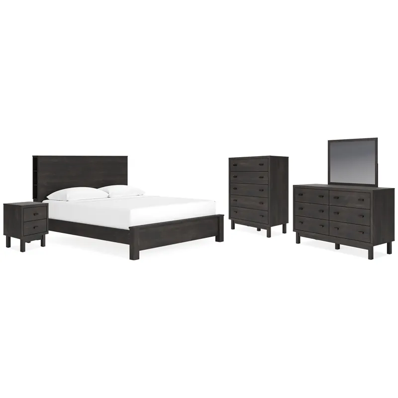 Toretto King Bookcase Panel Bed, Dresser, Mirror, Chest and Nightstand