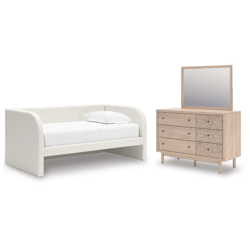 Shapella Twin Upholstered Day Bed, Dresser and Mirror