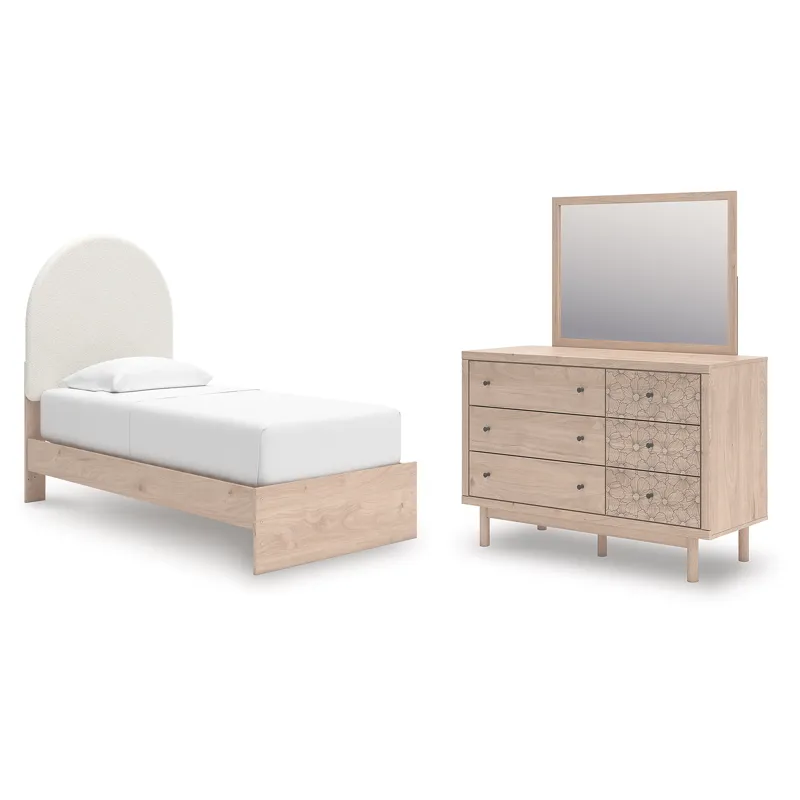 Shapella Twin Upholstered Panel Bed, Dresser and Mirror