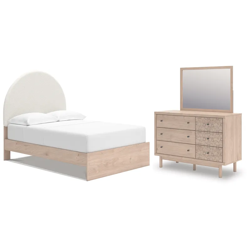 Shapella Full Upholstered Panel Bed, Dresser and Mirror