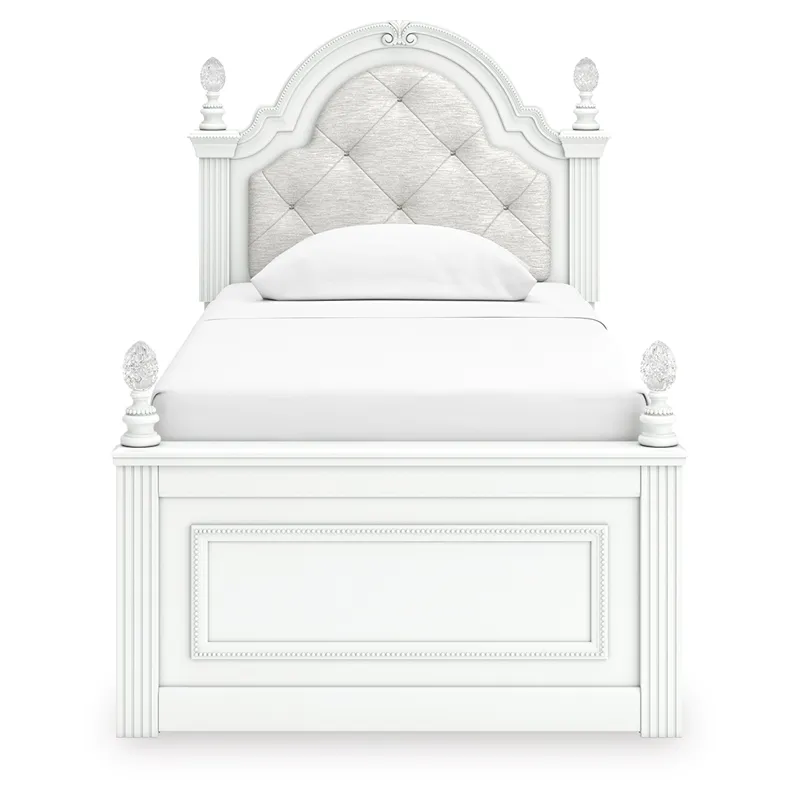 Kozlani Twin Upholstered Panel Bed, Dresser and Mirror
