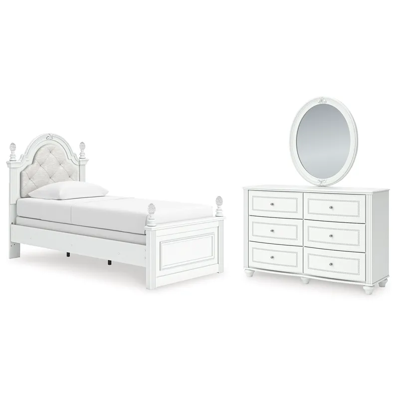 Kozlani Twin Upholstered Panel Bed, Dresser and Mirror