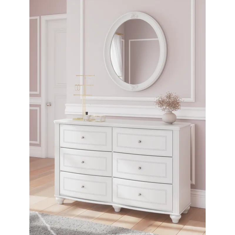 Kozlani Twin Upholstered Panel Bed, Dresser and Mirror