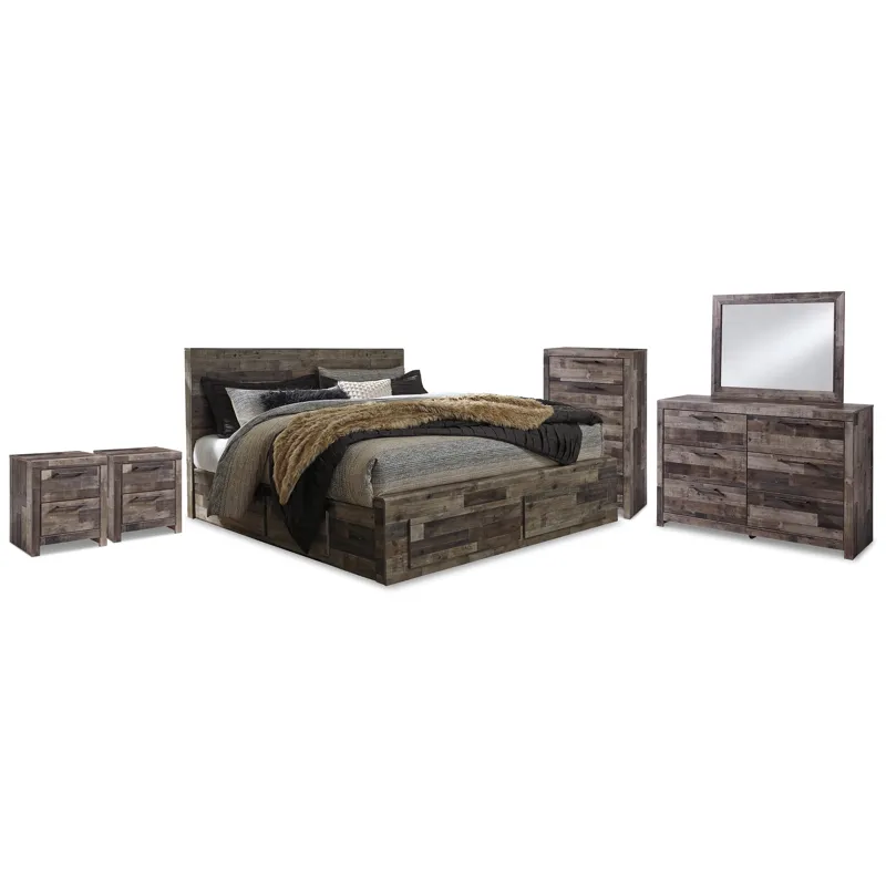 Derekson King Panel Storage Bed, Dresser, Mirror, Chest and 2 Nightstands