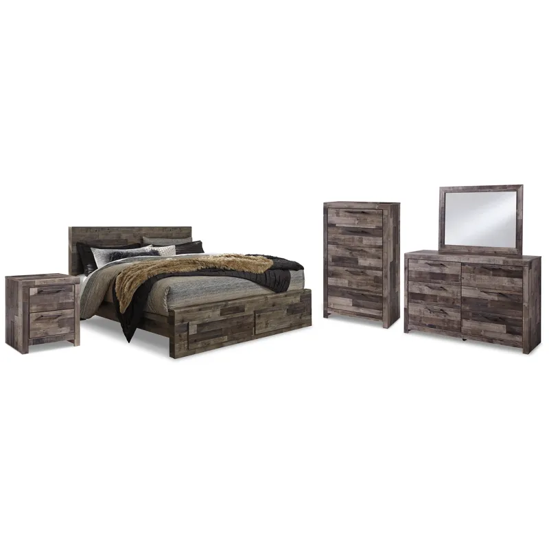Derekson King Panel Storage Bed, Dresser, Mirror, Chest and Nightstand