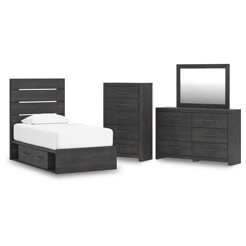 Delmorta Twin Panel Storage Bed, Dresser, Mirror and Chest