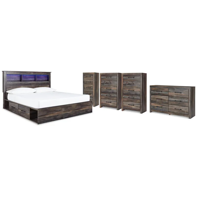 Drystan King Bookcase Storage Bed, Dresser, 2 Chests and Narrow Chest