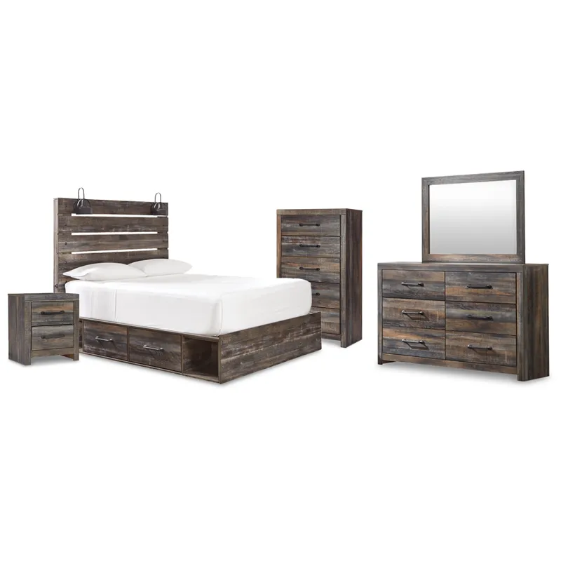Drystan Queen Panel Storage Bed, Dresser, Mirror, Chest and Nightstand