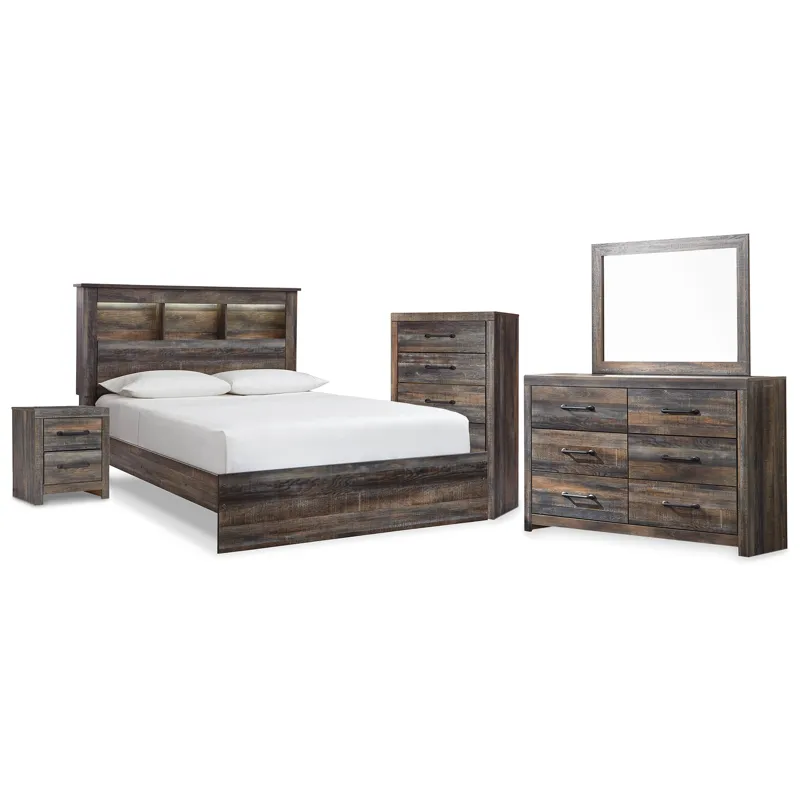 Drystan Queen Bookcase Panel Bed, Dresser, Mirror Chest and Nightstand