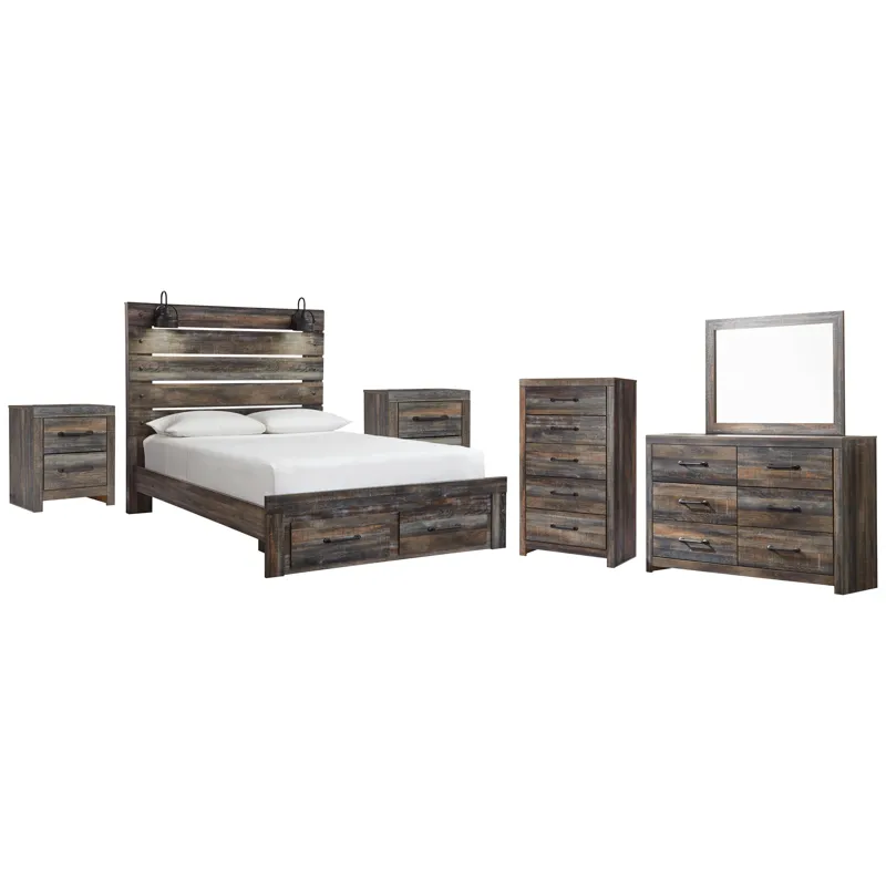 Drystan Queen Panel Storage Bed, Dresser, Mirror, Chest and 2 Nightstands