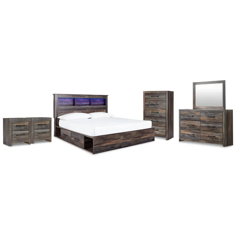 Drystan King Bookcase Storage Bed, Dresser, Mirror, Chest and 2 Nightstands