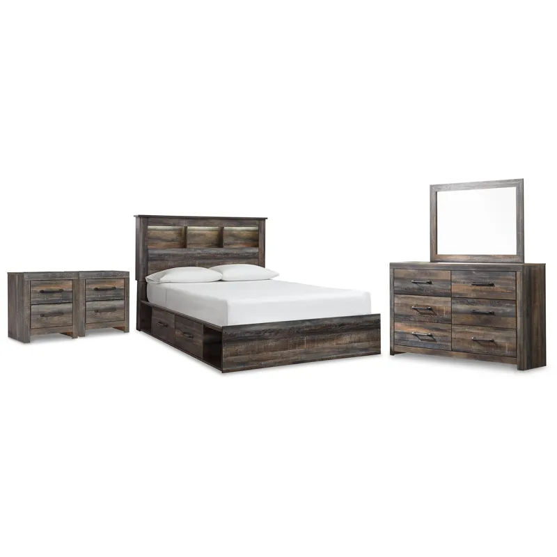 Drystan Queen Bookcase Storage Bed, Dresser, Mirror and 2 Nightstands