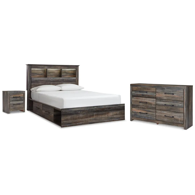 Drystan Queen Bookcase Bed with Storage, Dresser and Nightstand