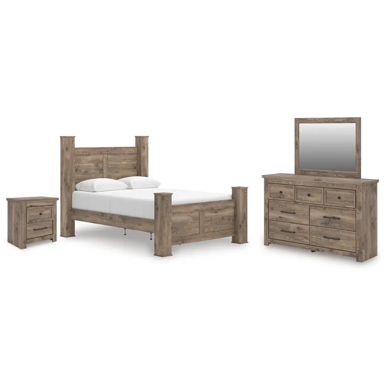 Rusticott Queen Poster Bed, Dresser, Mirror and Nightstand