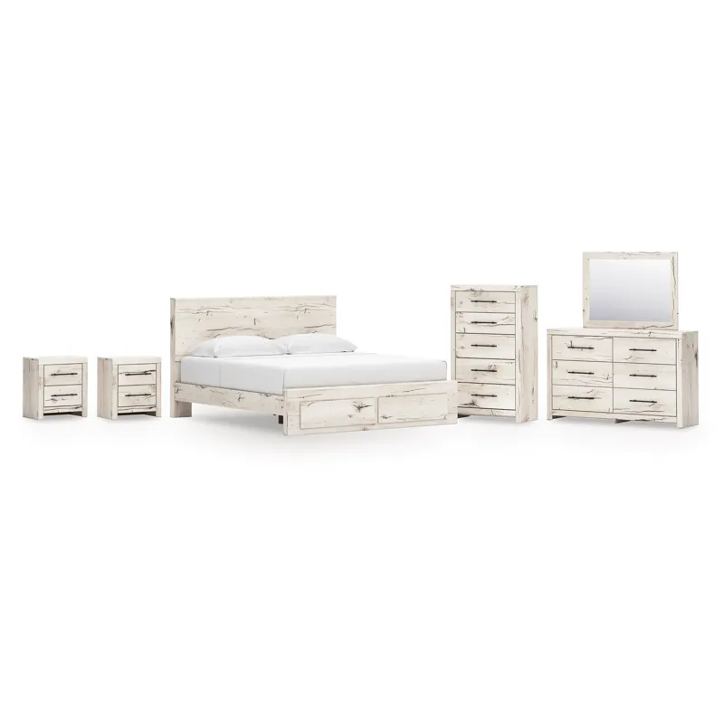 Lawroy King Panel Storage Bed, Dresser, Mirror, Chest and 2 Nightstands